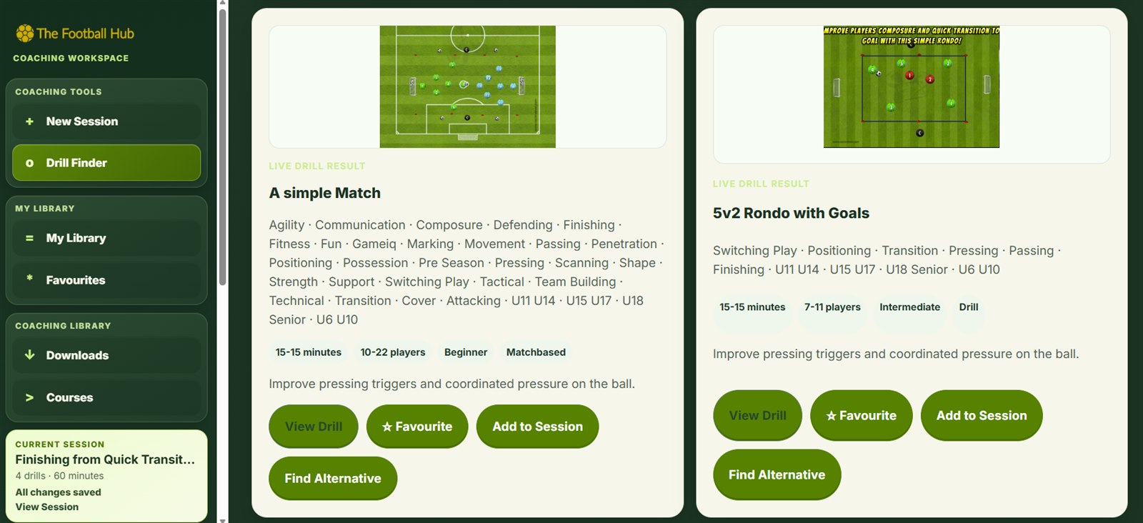 Drill Finder results with practice diagrams and selection controls