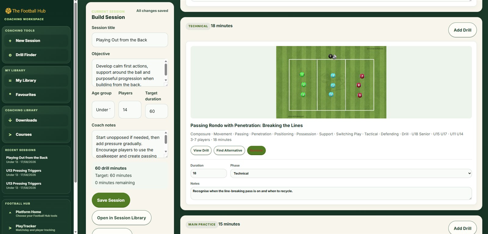 A completed Football Hub session with editable coaching notes, timings and a practice diagram