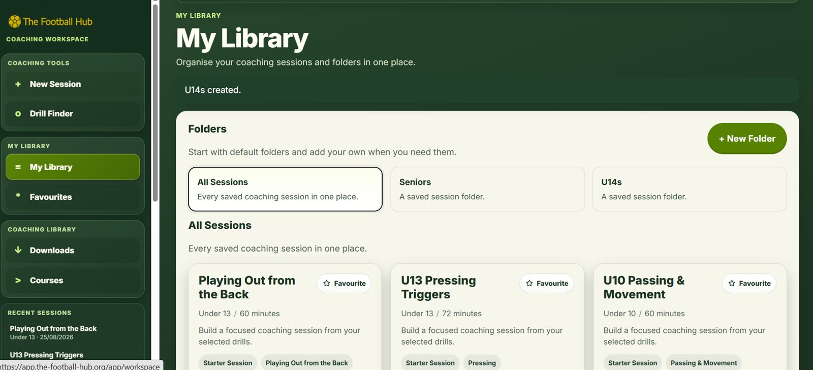My Library showing organised, saved Football Hub sessions