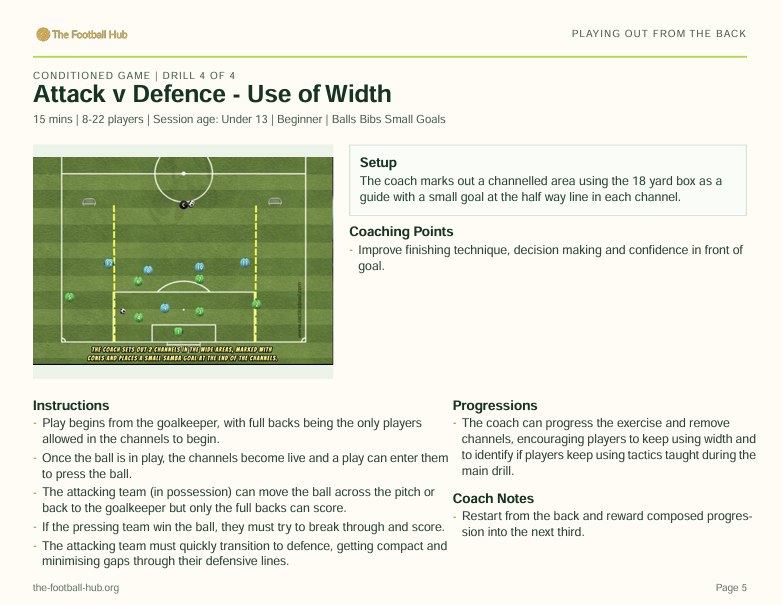 Finished Football Hub session PDF with a practice diagram, setup, coaching points and progressions