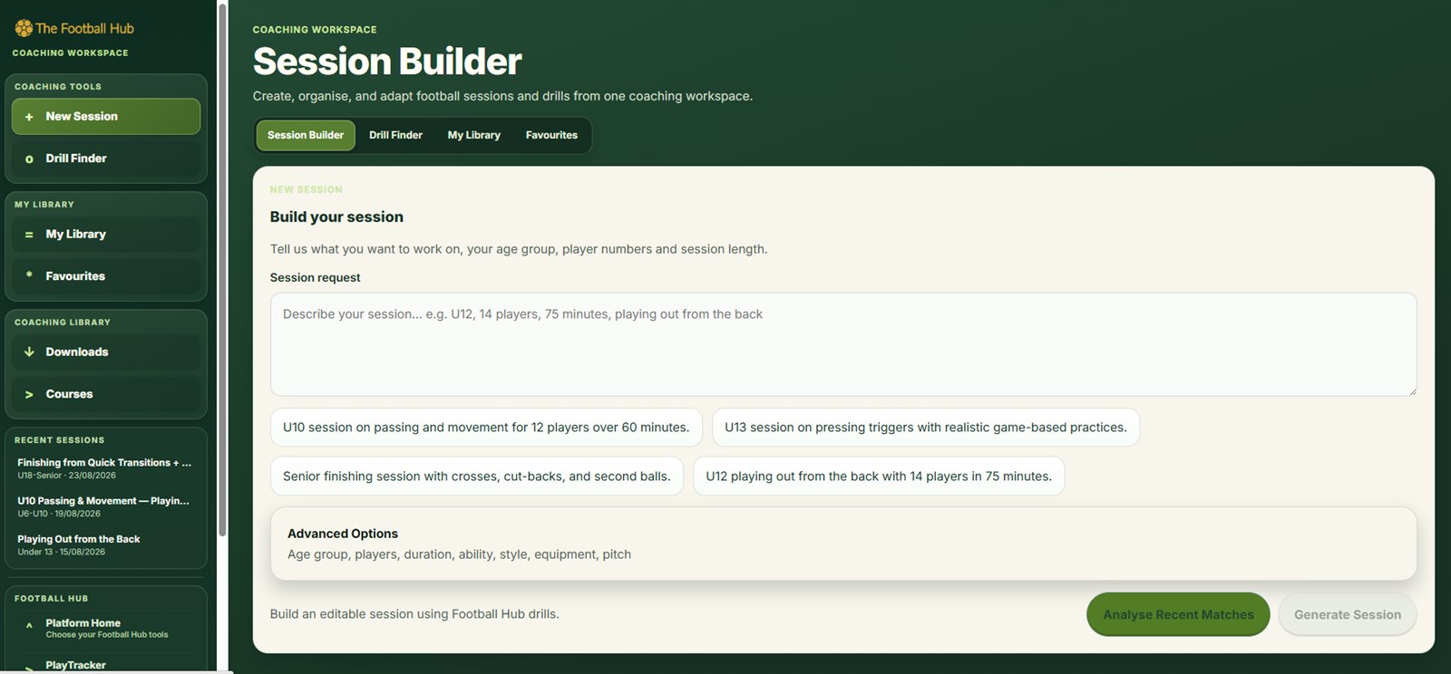 Session Builder request form for describing a coaching session